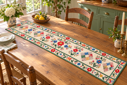 Cottage Flowers And Pastel Diamonds Quilted Table Runner — Indoor
