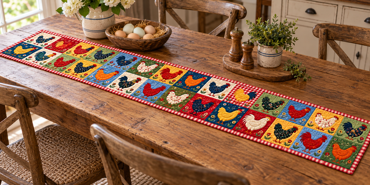 Country Chicken Blocks Quilted Table Runner — Indoor