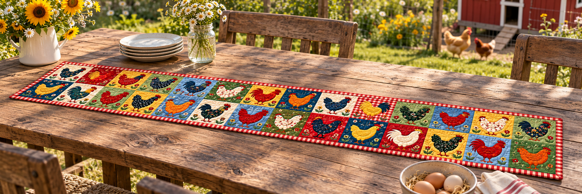 Country Chicken Blocks Quilted Table Runner — Outdoor