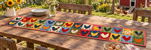 Country Chicken Blocks Quilted Table Runner — Outdoor
