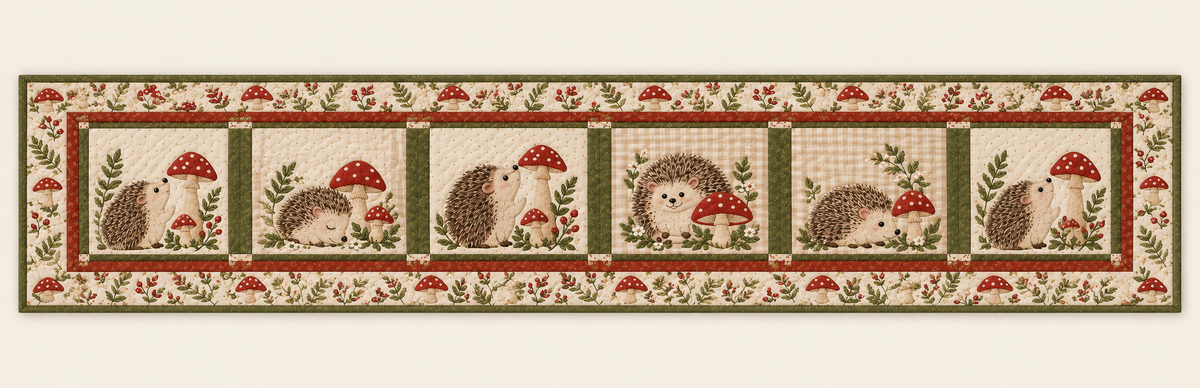 Hedgehog Mushroom Village Quilted Table Runner — Runner Design