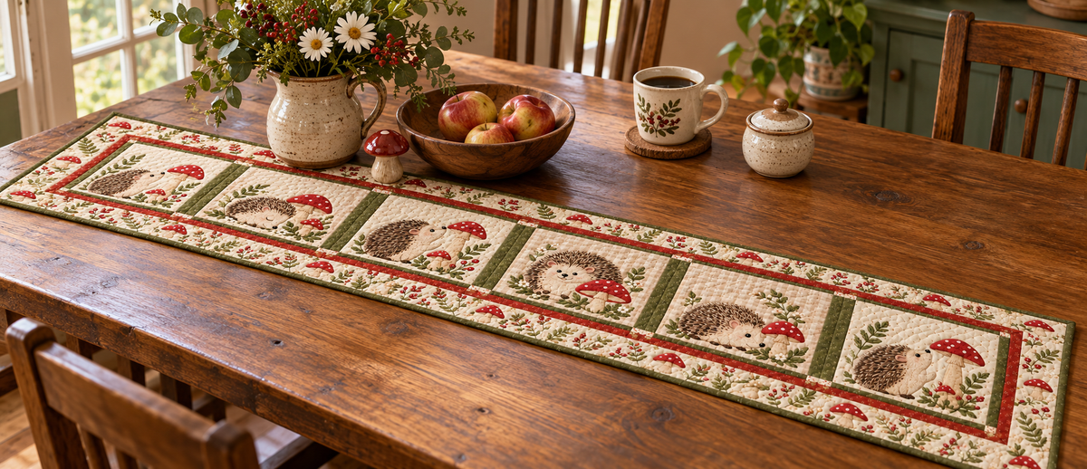 Hedgehog Mushroom Village Quilted Table Runner — Indoor