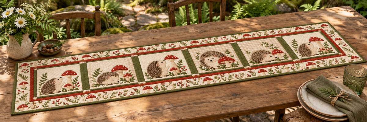 Hedgehog Mushroom Village Quilted Table Runner — Outdoor