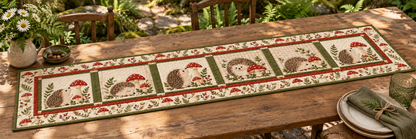 Hedgehog Mushroom Village Quilted Table Runner — Outdoor