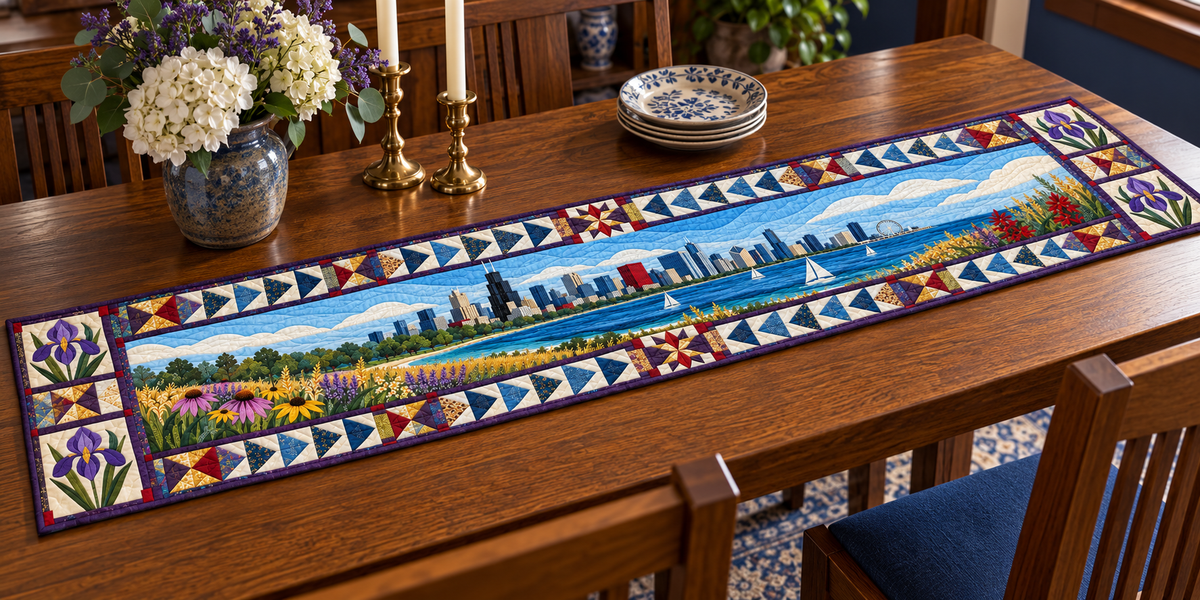 Illinois Prairie Meets The Lake Quilted Table Runner — Indoor