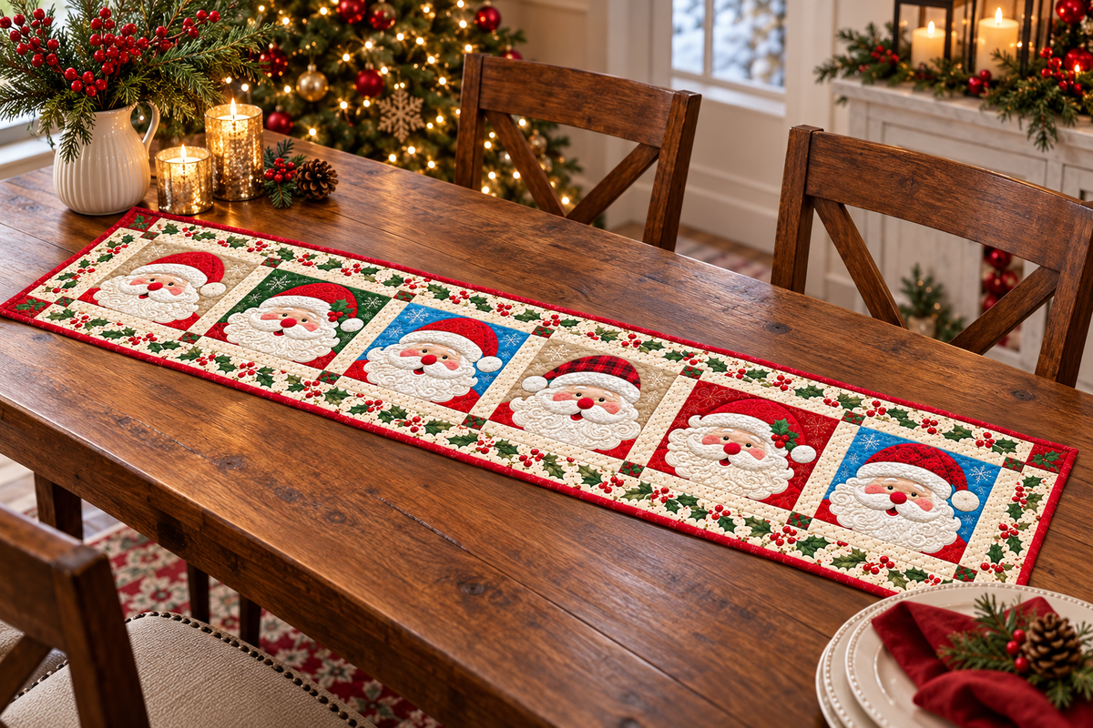 Jolly Santa Portraits Quilted Table Runner — Indoor