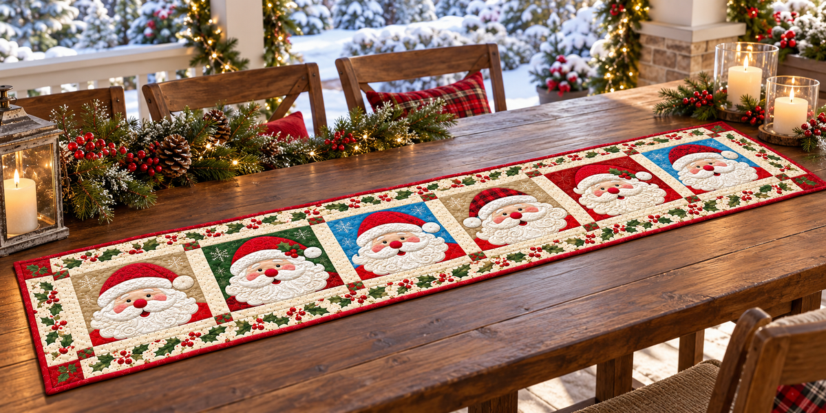 Jolly Santa Portraits Quilted Table Runner — Outdoor