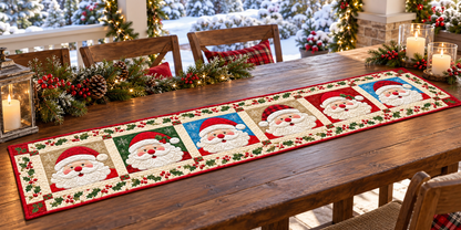 Jolly Santa Portraits Quilted Table Runner — Outdoor