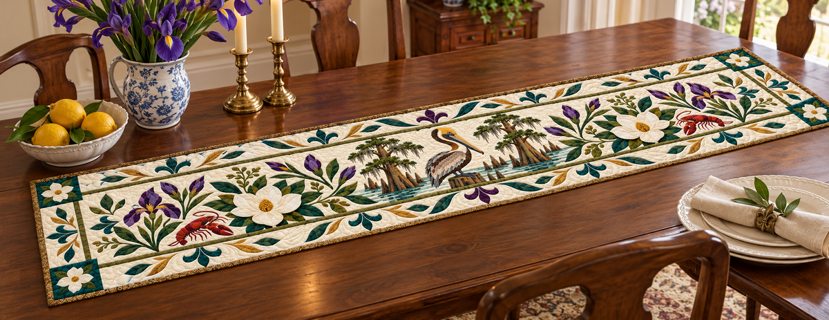 Louisiana Magnolia Pelican Quilted Table Runner — Indoor