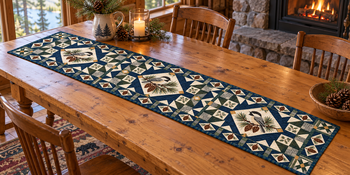 Maine Chickadee Pine Hearth Quilted Table Runner — Indoor