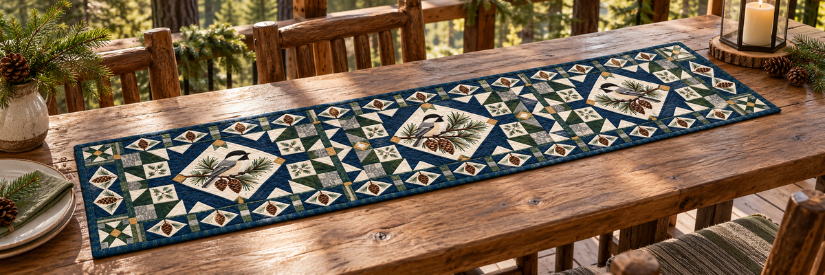 Maine Chickadee Pine Hearth Quilted Table Runner — Outdoor