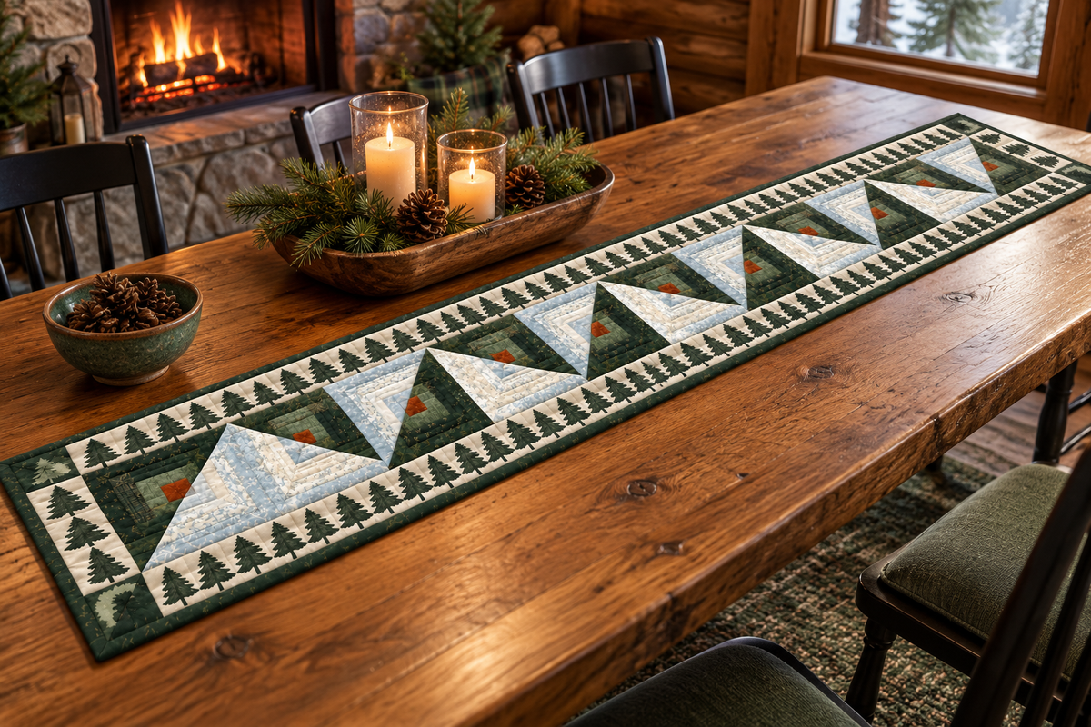 Michigan White Pine Log Cabin Quilted Table Runner — Indoor