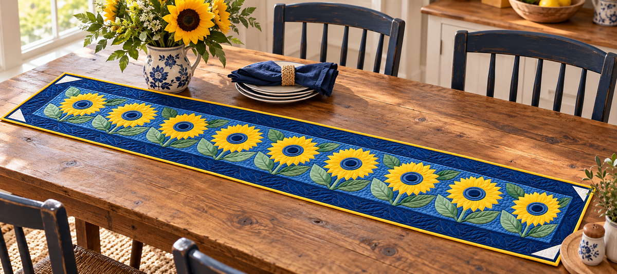 Navy Sunflower Quilted Table Runner — Indoor