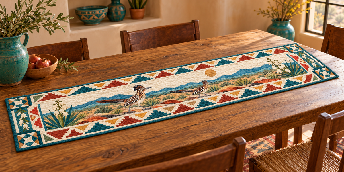 New Mexico Roadrunner And Yucca Quilted Table Runner — Indoor