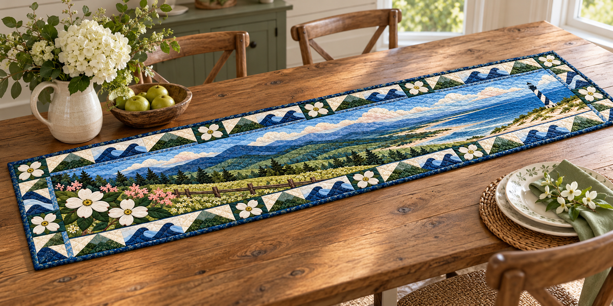 North Carolina Dogwood Ridge To Sound Quilted Table Runner — Indoor