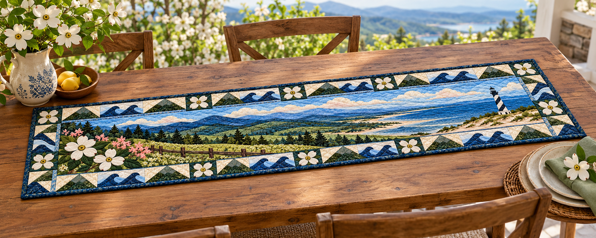 North Carolina Dogwood Ridge To Sound Quilted Table Runner — Outdoor
