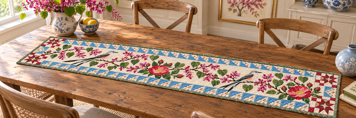 Oklahoma Scissortail And Redbud Quilted Table Runner — Indoor