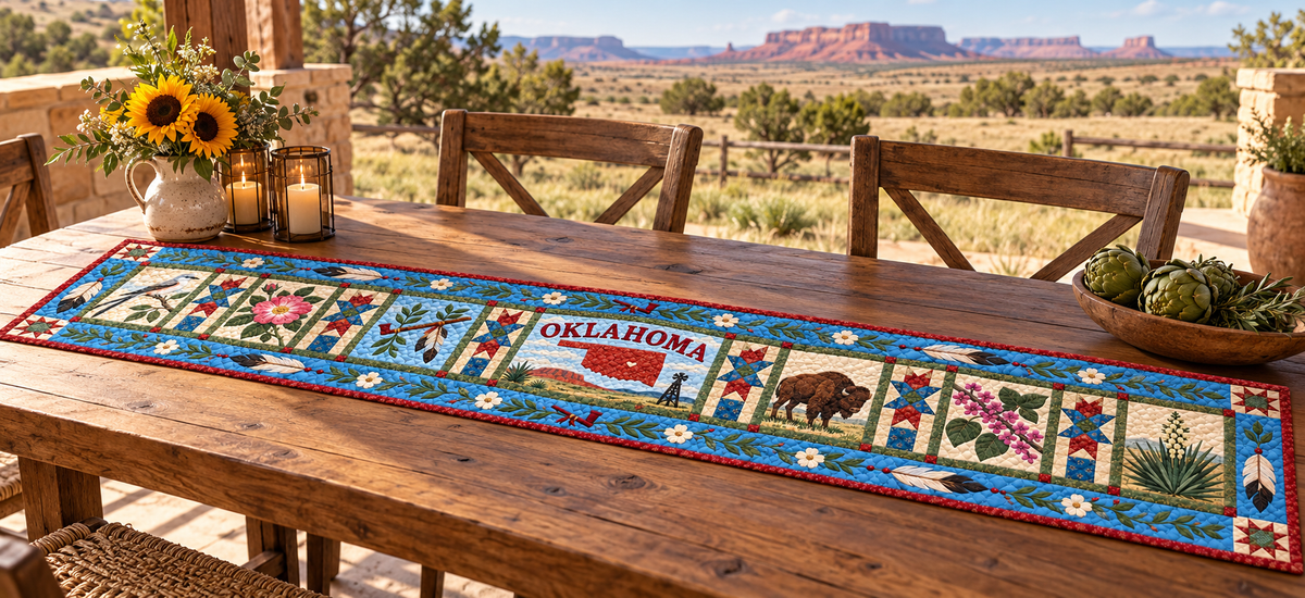 Oklahoma Sooner State Sampler Quilted Table Runner — Outdoor