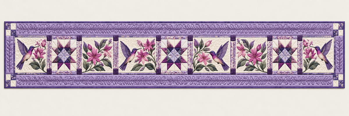 Purple Hummingbirds And Pink Blossoms Quilted Table Runner — Runner Design