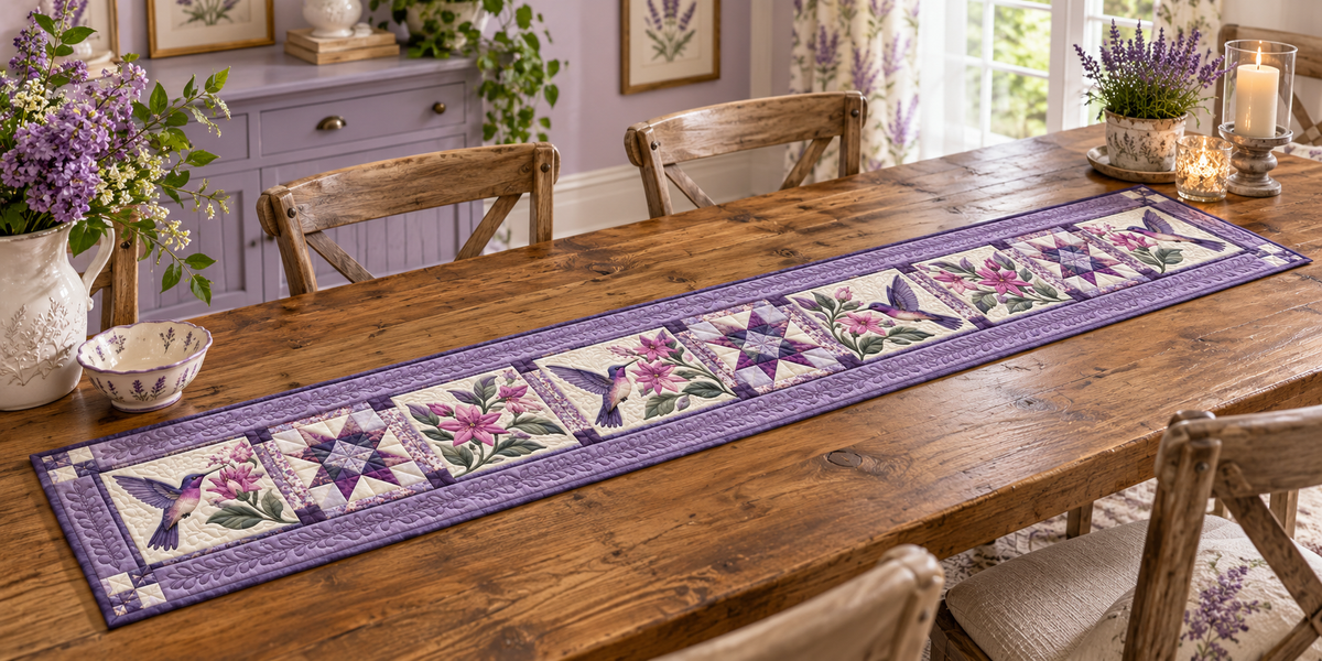 Purple Hummingbirds And Pink Blossoms Quilted Table Runner — Indoor