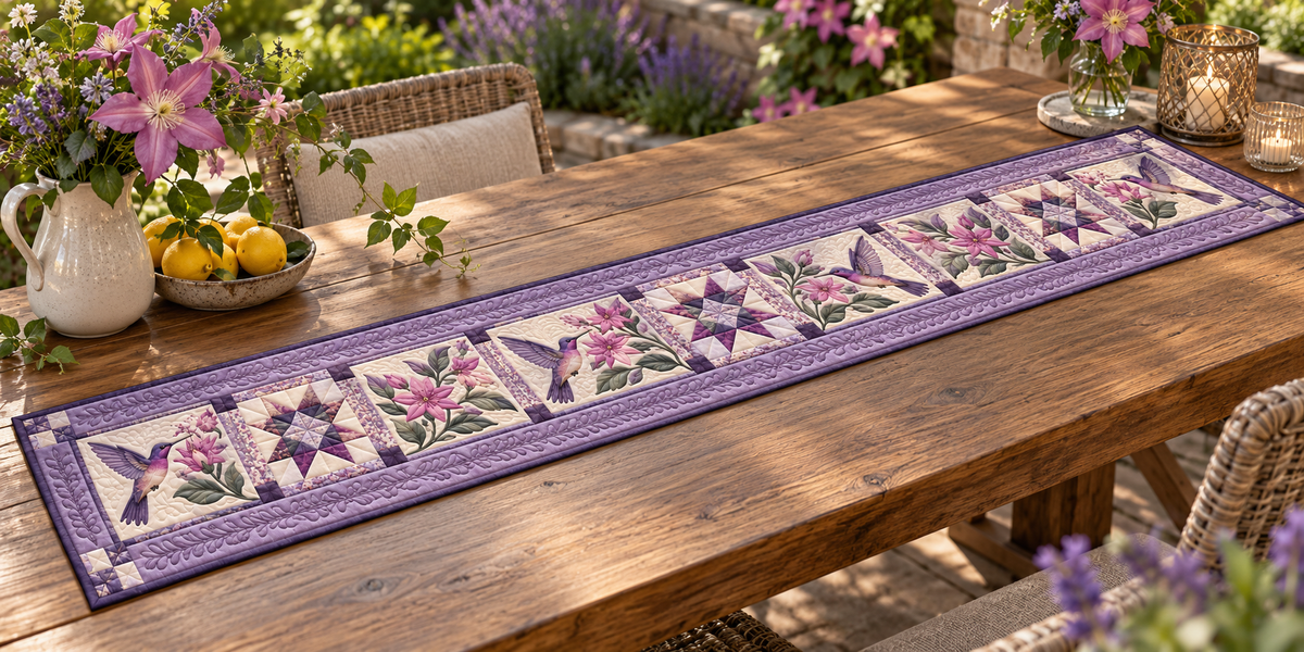 Purple Hummingbirds And Pink Blossoms Quilted Table Runner — Outdoor