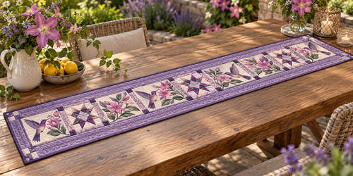 Purple Hummingbirds And Pink Blossoms Quilted Table Runner — Outdoor