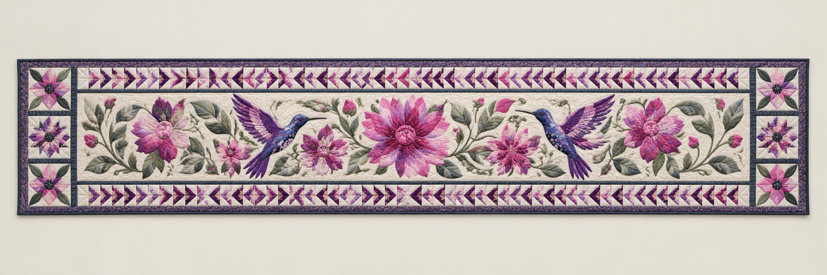 Purple Hummingbirds In A Pink Garden Quilted Table Runner — Runner Design