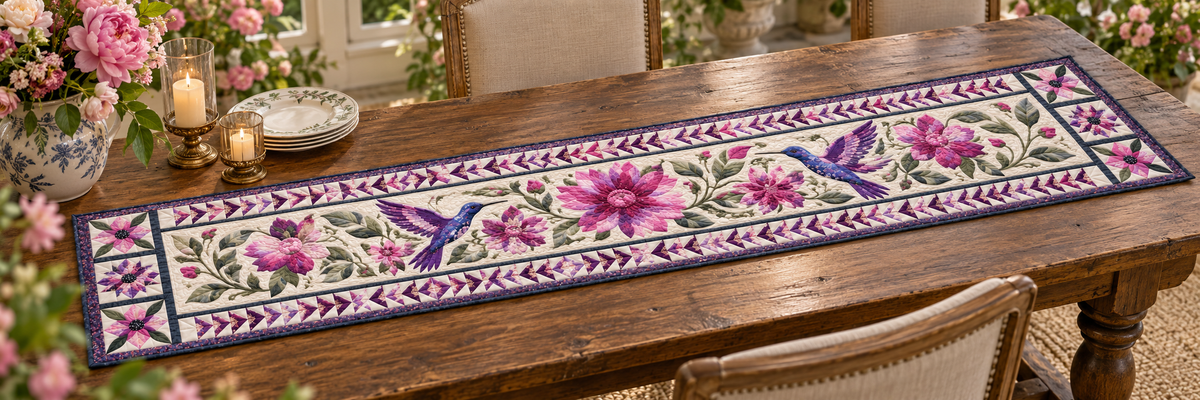Purple Hummingbirds In A Pink Garden Quilted Table Runner — Indoor