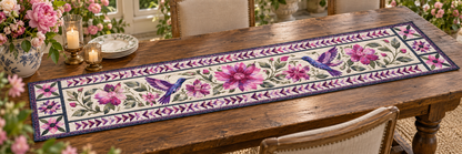 Purple Hummingbirds In A Pink Garden Quilted Table Runner — Indoor