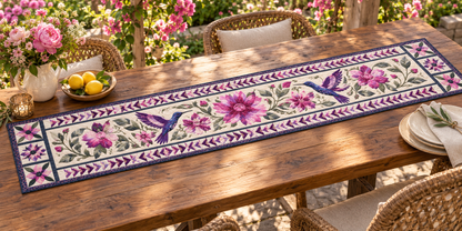 Purple Hummingbirds In A Pink Garden Quilted Table Runner — Outdoor