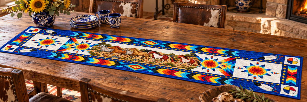 Rainbow Star And Running Horses Quilted Table Runner — Indoor