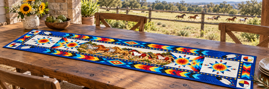 Rainbow Star And Running Horses Quilted Table Runner — Outdoor