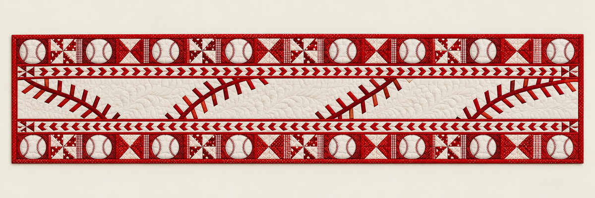 Red Baseball Stitch Motifs Quilted Table Runner — Runner Design