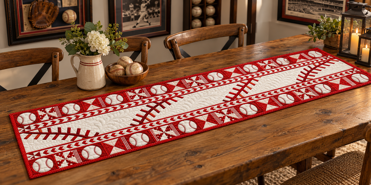 Red Baseball Stitch Motifs Quilted Table Runner — Indoor