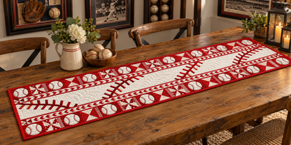 Red Baseball Stitch Motifs Quilted Table Runner — Indoor