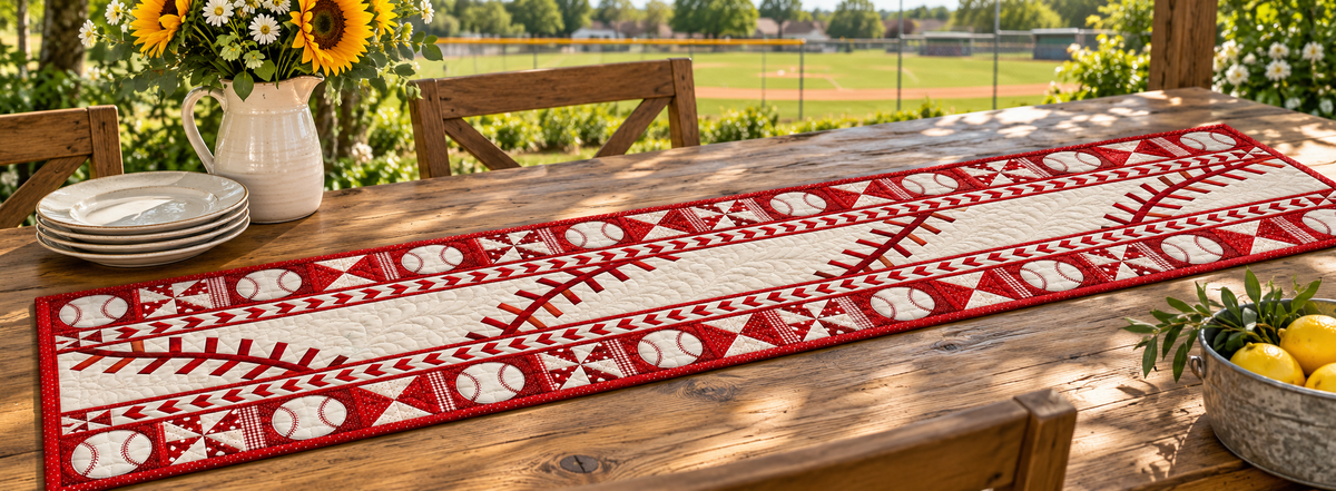 Red Baseball Stitch Motifs Quilted Table Runner — Outdoor