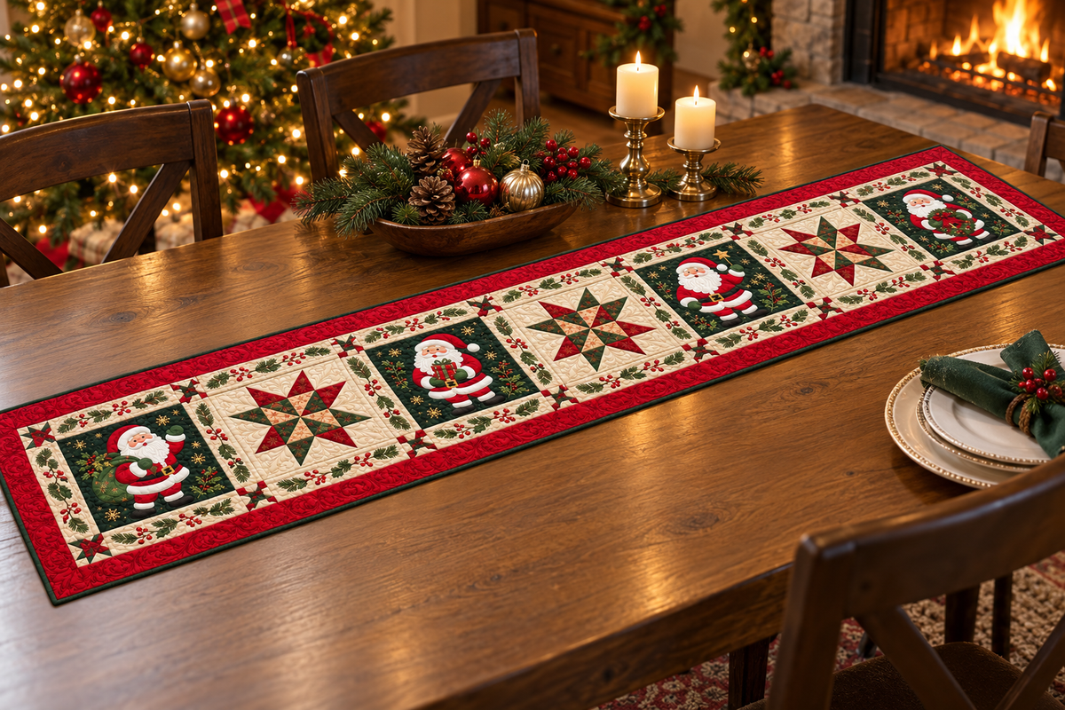 Santa And Christmas Star Quilted Table Runner — Indoor