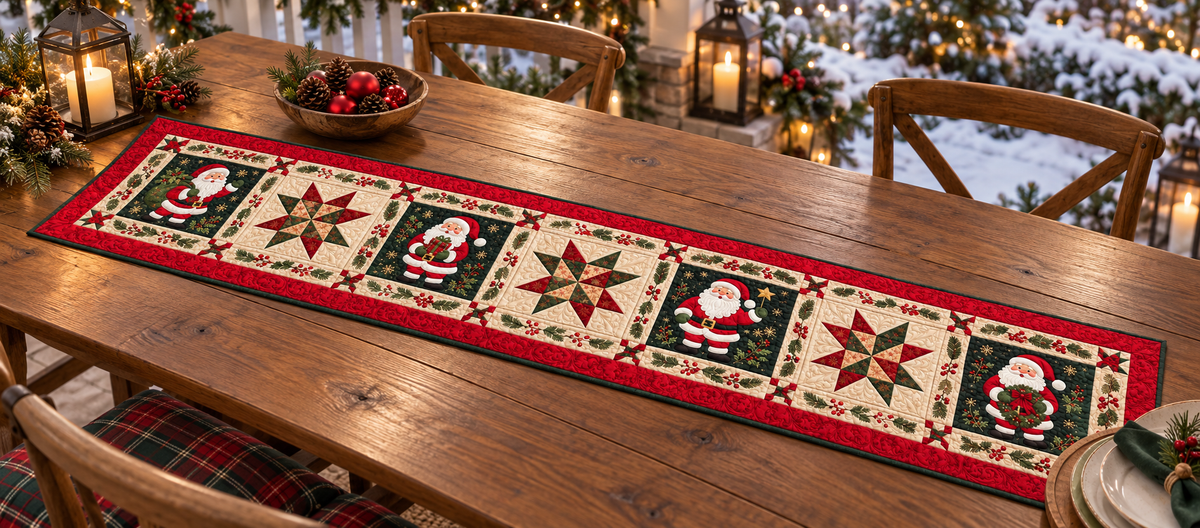 Santa And Christmas Star Quilted Table Runner — Outdoor