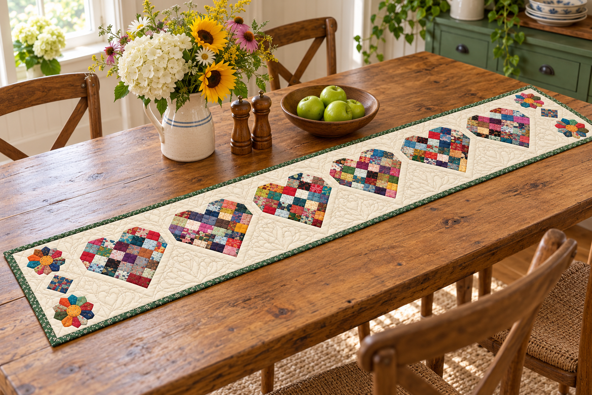 Scrappy Candy Hearts Quilted Table Runner — Indoor