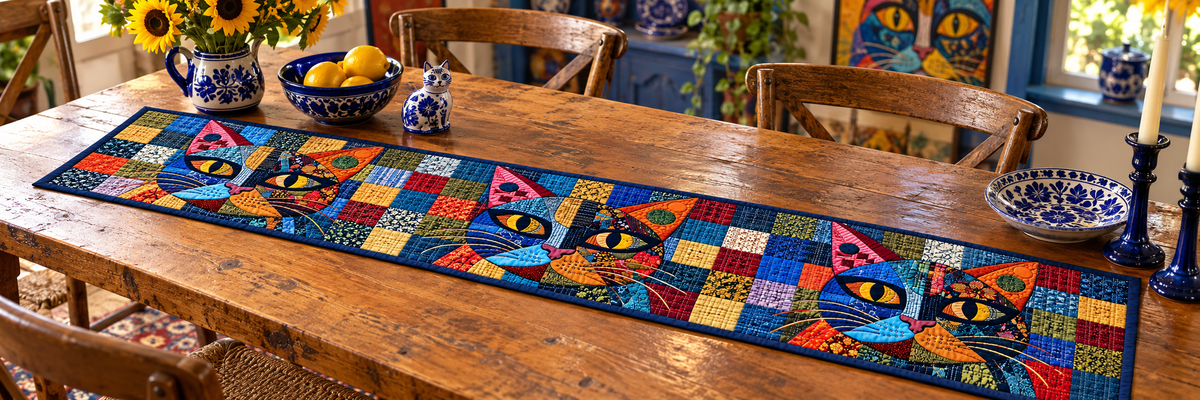 Scrappy Cat Portrait Quilted Table Runner — Indoor