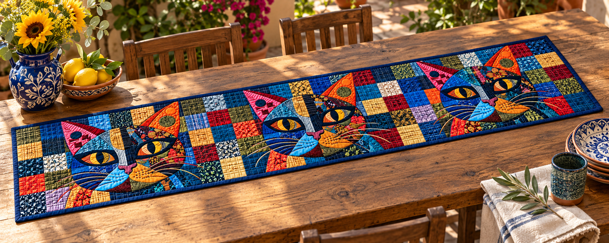 Scrappy Cat Portrait Quilted Table Runner — Outdoor