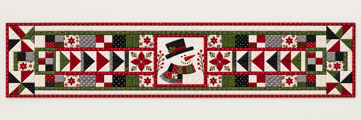 Snowman Face In Christmas Patchwork Quilted Table Runner — Runner Design
