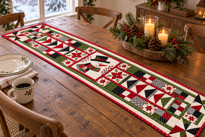 Snowman Face In Christmas Patchwork Quilted Table Runner — Indoor