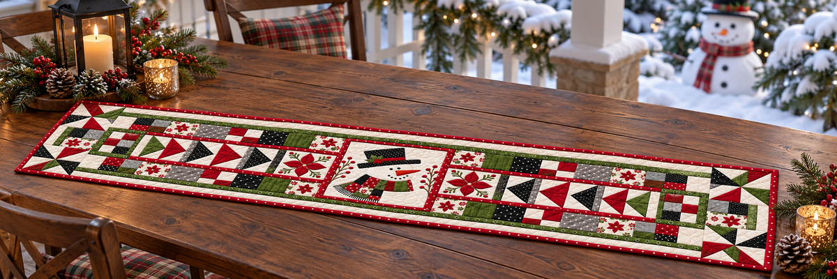 Snowman Face In Christmas Patchwork Quilted Table Runner — Outdoor