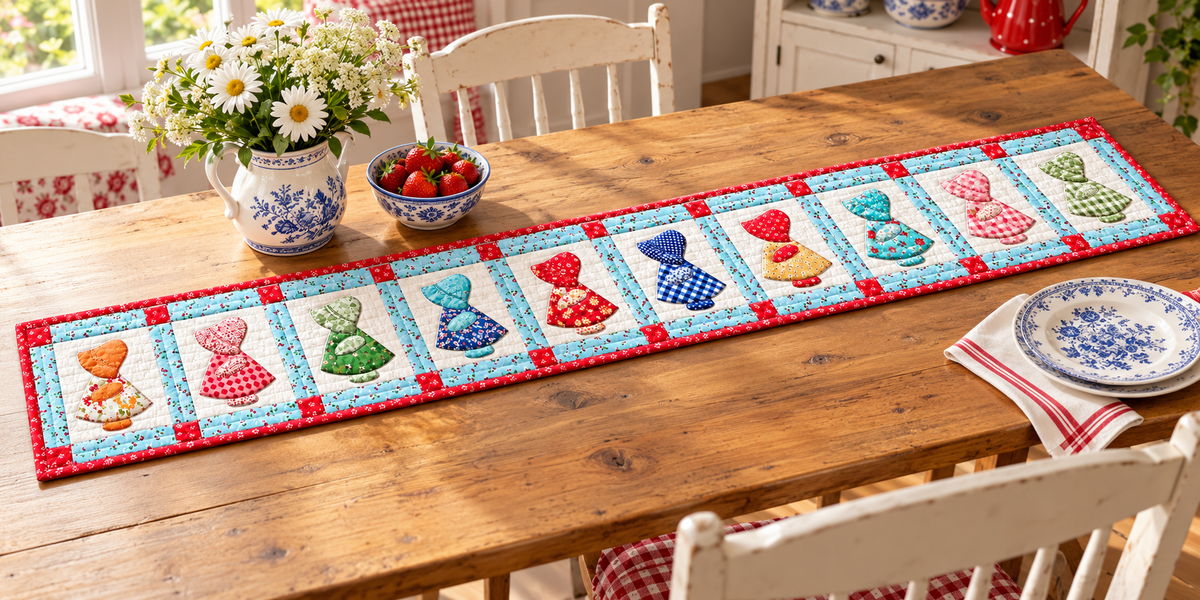 Sunbonnet Patchwork Garden Quilted Table Runner — Indoor