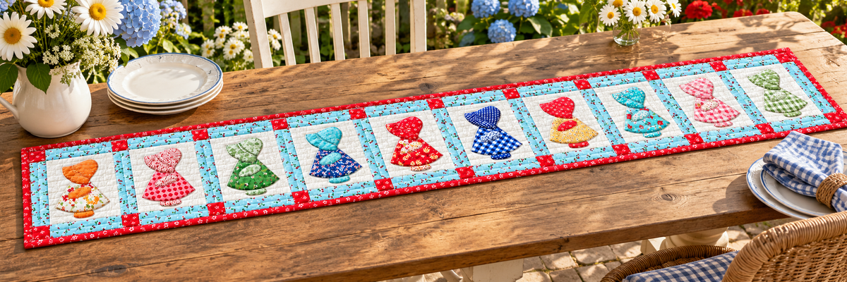 Sunbonnet Patchwork Garden Quilted Table Runner — Outdoor