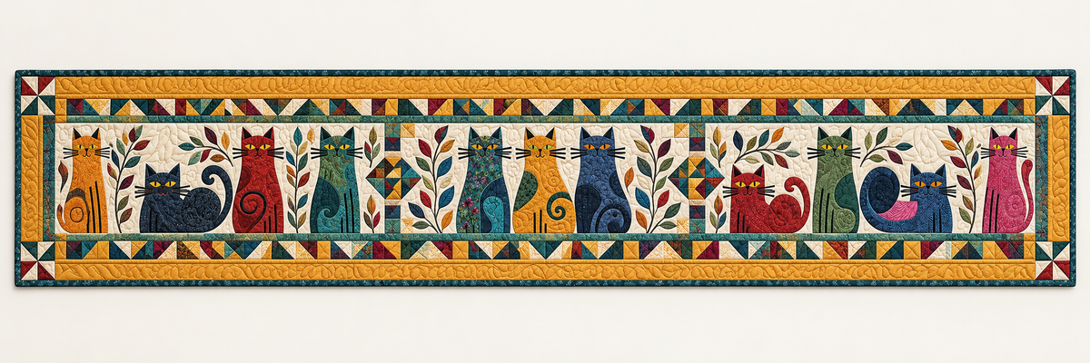 Tall Cats In Earth Tone Panels Quilted Table Runner — Runner Design