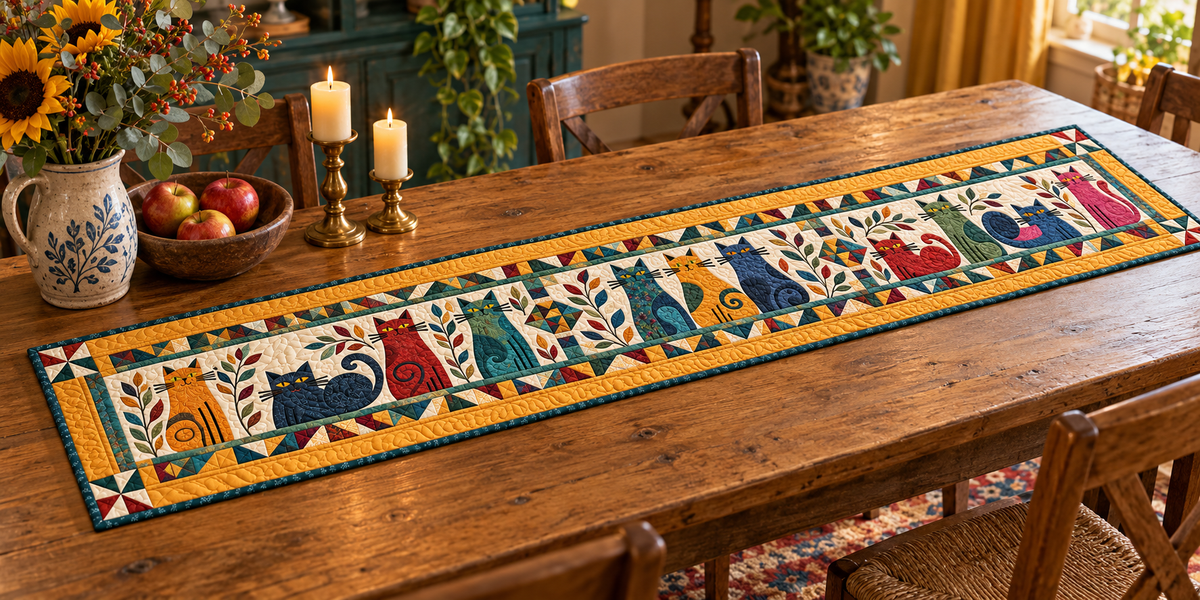 Tall Cats In Earth Tone Panels Quilted Table Runner — Indoor
