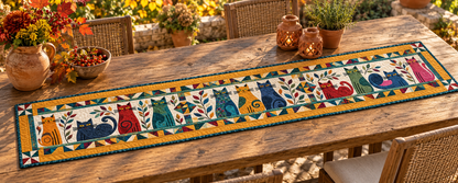 Tall Cats In Earth Tone Panels Quilted Table Runner — Outdoor