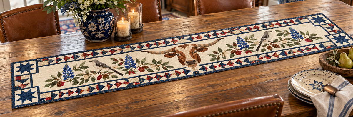 Texas Mockingbird Bluebonnets Quilted Table Runner — Indoor